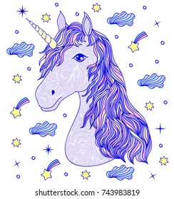Head of hand drawn unicorn on white background.