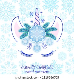 Head of hand drawn unicorn with snowflakes. Christmas card.Vector illustration.