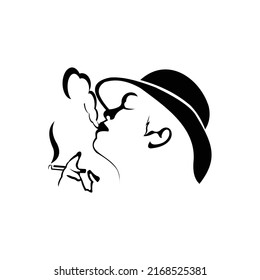 head and hand logo illustration of a person smoking. hand holding cigarette vector