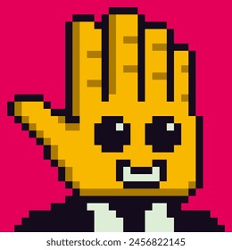 Head hand pixel art funny character 8-bit, 80-s, avatar, guy face, NFT, cartoon vector icon, game user, web profile persons, people, social net portrait. Non-fungible token.