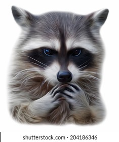 Head and hands of a cute and cuddly raccoon, Procyon lotor, that can be very dangerous beast. Human like embarrassed expression on the animal face. Amazing vector image in oil painting style.