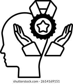 A head with hands holding a star and a medal