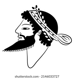 Head of a handsome bearded ancient Greek man in laurel wreath. Vase painting style. Antique male portrait. Black and white silhouette.