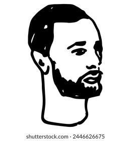 Head of a handsome bearded young man with shirt haircut and long neck. Male portrait. Hand drawn linear doodle rough sketch. Black and white silhouette.