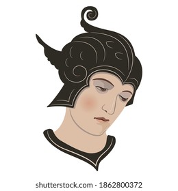 Cabeza de un guapo joven medieval con casco de guerrero.	