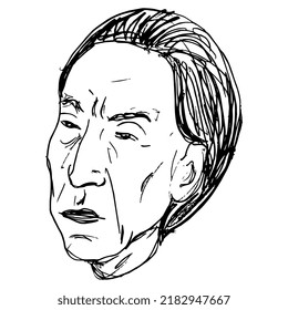 Jefe de un hombre nativo americano apuesto. Retrato masculino. Cara del indio apachee. Esbozo en bruto de doodle lineal dibujado a mano. Silueta negra de fondo blanco.