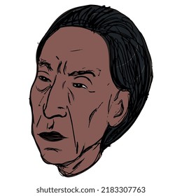 Head of a handsome Native American man. Male portrait. Face of Apachee Indian guy. Hand drawn colorful rough sketch.