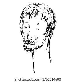 Head of a handsome sad bearded young man. Hand drawn ink sketch. Black and white silhouette.