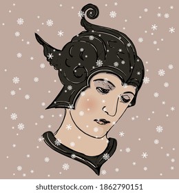 Head of a handsome sad medieval young man in warrior helmet under snowflakes. Hand drawn colorful sketch. Winter vintage art.	