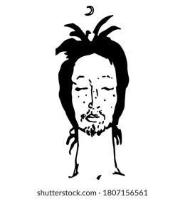 Leiter eines gut aussehenden jungen Mannes mit geschlossenen Augen unter Halbmond. Handgezeichnete Tintenskizze. Schwarz-Weiß-Silhouette.