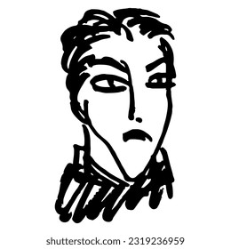 Head of a handsome young man. Hand drawn linear doodle rough sketch. Black silhouette on white background.