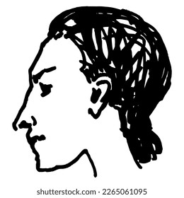 Cabeza de un joven apuesto de perfil. Retrato masculino. Esbozo en bruto de doodle lineal dibujado a mano. Silueta negra de fondo blanco.