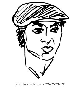 Head of a handsome young man wearing a cap. Male portrait. Hand drawn linear doodle rough sketch. Black silhouette on white background.