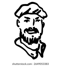 Head of a happy bearded man wearing beret. Funny male portrait. Hand drawn linear doodle rough sketch. Black and white silhouette.
