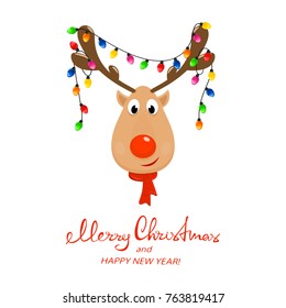 Head of Happy reindeer with red nose and Christmas lights on antlers. Christmas character, isolated on white background, illustration.