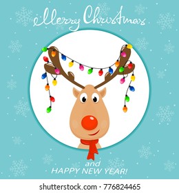 The Head of Happy reindeer with red nose and Christmas lights on the antlers. Christmas character, in the round banner on blue background with snowflakes, illustration.