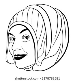 Head of a happy smiling tourist girl in winter hood. Black and white linear silhouette. Cartoon style.