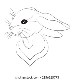 The head of a hare with bent ears in the style of minimalism. The design is suitable for decor, postcards, congratulations, tattoos, printing on t-shirts or clothes, textiles, albums. Isolated vector