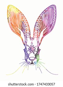
The head of a hare. Doodling coloring book. A drawing with many details. Meditative coloring. Dots, strokes, patterns.