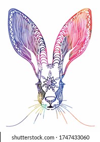 
The head of a hare. Doodling coloring book. A drawing with many details. Meditative coloring. Dots, strokes, patterns.