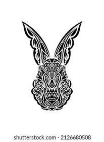 Head of a hare in tattoo style. Isolated symbol of 2023. Handmade.