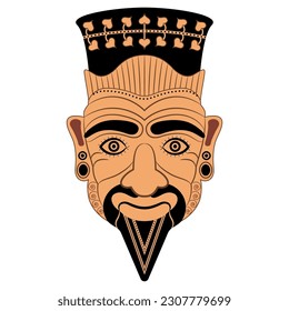 Head of Harun. Ancient Etruscan mythology. Ethnic mask. Vase painting design. Portrait of a wrinkled man with Goatee beard. Isolated vector illustration.