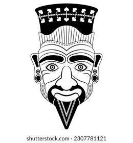 Head of Harun. Ancient Etruscan mythology. Ethnic mask. Vase painting design. Portrait of a wrinkled man with Goatee beard. Black and white silhouette.