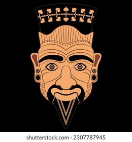 Head of Harun. Ancient Etruscan mythology. Ethnic mask. Vase painting design. Portrait of a wrinkled man with Goatee beard. On black background.