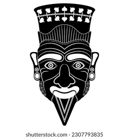 Head of Harun. Ancient Etruscan mythology. Ethnic mask. Vase painting design. Portrait of a wrinkled man with Goatee beard. Black and white negative silhouette.