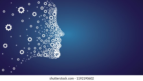 Head heading cogwheels chaos brain. Cogwheel, gear mechanism settings tools. Fun drawing vector gears person icon or sign. Service cog brain pattern or template banner. Think big ideas.