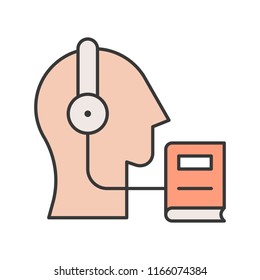 head, headphone and e book, human skill development by online education, e-learning concept, editable stroke outline icon
