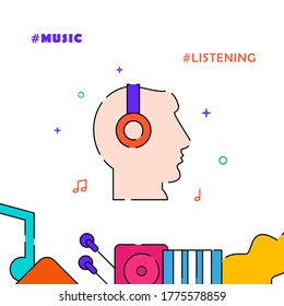 Head in headphones filled line vector icon, simple illustration, related bottom border.