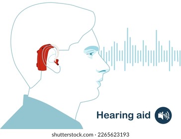 Head with a hearing aid in the ear. For the hearing impaired and the deaf, with sound wave. Modern vector illustration in flat style