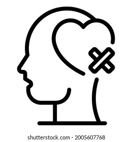 Head heart with band aid icon. Outline head heart with band aid vector icon for web design isolated on white background