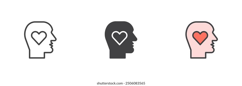 Head with heart different style icon set. Line, glyph and filled outline colorful version, outline and filled vector sign. Romantic Think symbol, logo illustration. Vector graphics