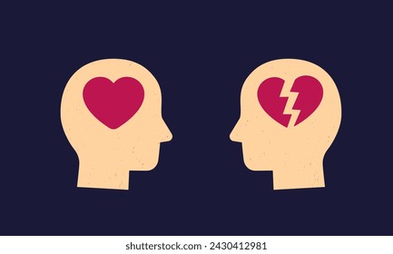 Cabeza y corazón, iconos de vector de desamor