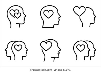 Conjunto de iconos de corazón de cabeza. concepto de amor o amor buena sensación y armonía con la cara de la sonrisa, ilustración vectorial sobre fondo blanco