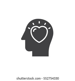 Head with heart icon vector, filled flat sign, solid pictogram isolated on white. In love symbol, logo illustration