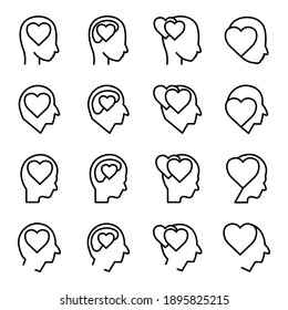 Head with heart line icon set. In love symbol. simple design editable. Design template vector
