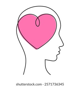 Head and heart one line art,hand-drawn enamored face continuous contour.Love feelings concept,festive design romantic element Valentine's Day simple minimalist design.Editable stroke.Isolated.Vector