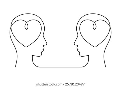 Head and heart one line art,hand-drawn enamored face continuous contour.Love feelings concept,festive design romantic element Valentine's Day simple minimalist design.Editable stroke.Isolated.Vector