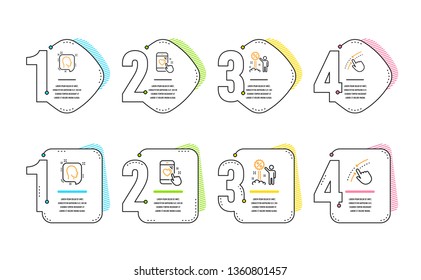 Head, Heart rating and Discount icons simple set. Swipe up sign. Profile messages, Phone feedback, Sale shopping. Touch down. Business set. Infographic timeline. Line head icon. 4 options or steps