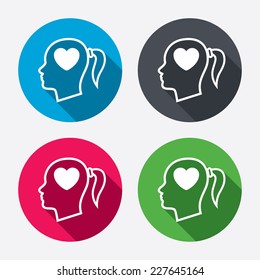 Head with heart sign icon. Female woman human head in love with pigtail symbol. Circle buttons with long shadow. 4 icons set. Vector