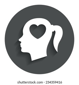 Head with heart sign icon. Female woman human head in love with pigtail symbol. Gray flat button with shadow. Modern UI website navigation. Vector