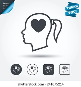 Head with heart sign icon. Female woman human head in love with pigtail symbol. Circle and square buttons. Flat design set. Thank you ribbon. Vector