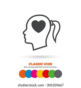 Head with heart sign icon. Female woman human head in love with pigtail symbol. Classic flat icon. Colored circles. Vector