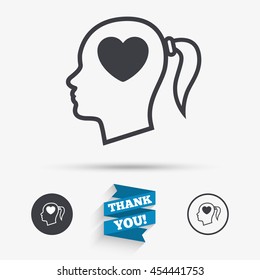 Head with heart sign icon. Female woman human head in love with pigtail symbol. Flat icons. Buttons with icons. Thank you ribbon. Vector