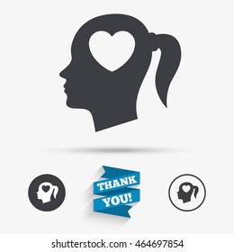 Head with heart sign icon. Female woman human head in love with pigtail symbol. Flat icons. Buttons with icons. Thank you ribbon. Vector
