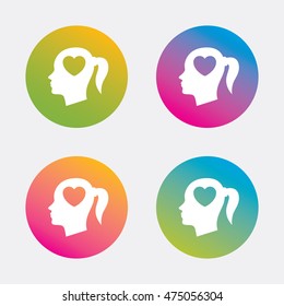 Head with heart sign icon. Female woman human head in love with pigtail symbol. Gradient flat buttons with icon. Modern design. Vector