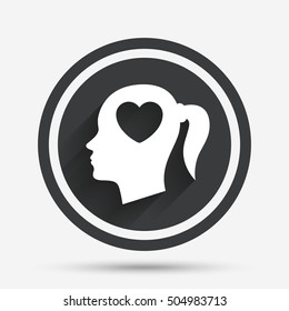 Head with heart sign icon. Female woman head.